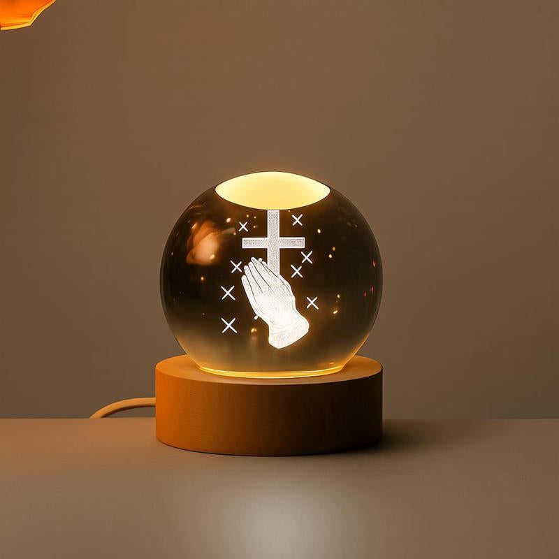 3D Crystal Cross Jesus Figurine Statue, 3D Jesus Nativity Scene Crystal Ball Night Light with Cross Decor, Laser Engraved Crucifix Easter Decoration Christian Catholic Religious Gifts Wood Wooden Ornaments Gifts from God Memorial Keepsake
