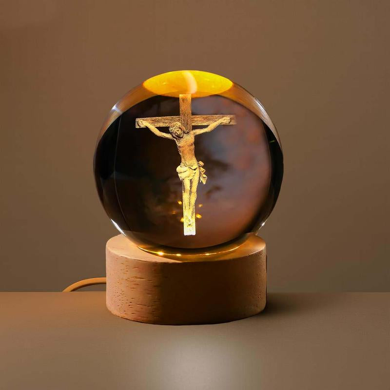 3D Crystal Cross Jesus Figurine Statue, 3D Jesus Nativity Scene Crystal Ball Night Light with Cross Decor, Laser Engraved Crucifix Easter Decoration Christian Catholic Religious Gifts Wood Wooden Ornaments Gifts from God Memorial Keepsake