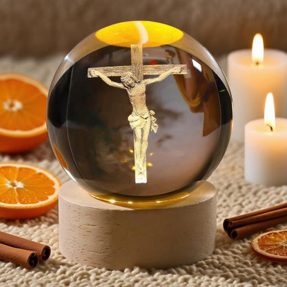 3D Crystal Cross Jesus Figurine Statue, 3D Jesus Nativity Scene Crystal Ball Night Light with Cross Decor, Laser Engraved Crucifix Easter Decoration Christian Catholic Religious Gifts Wood Wooden Ornaments Gifts from God Memorial Keepsake