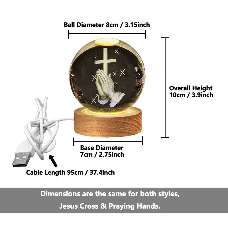 3D Crystal Cross Jesus Figurine Statue, 3D Jesus Nativity Scene Crystal Ball Night Light with Cross Decor, Laser Engraved Crucifix Easter Decoration Christian Catholic Religious Gifts Wood Wooden Ornaments Gifts from God Memorial Keepsake